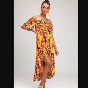 Lulu's Danica Yellow Floral Print Smocked High-Low Maxi Dress